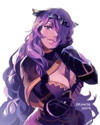 Rule 34 | 1girl, armor, black armor, breasts, camilla (fire emblem), cleavage, fire emblem, fire emblem fates, hair over one eye, large breasts, lips, long hair, nintendo, piano (agneschen), purple hair, simple background, solo, tiara, vambraces, wavy hair