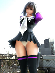 Rule 34 | 1girl, 3d, adjusting hair, black thighhighs, brown eyes, brown hair, city, clothes lift, crotch, dress, from below, i&quot;s, incise soul, looking at viewer, looking down, m-rs, outdoors, panties, pantyshot, photo background, pleated skirt, purple thighhighs, sailor dress, school uniform, short hair, shy, skindentation, skirt, skirt lift, sky, smile, solo, standing, thighhighs, underwear, upskirt, white panties, yoshizuki iori, zettai ryouiki