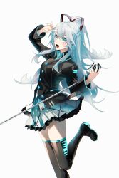 Rule 34 | 1girl, aqua nails, belt, black belt, black footwear, black jacket, blue eyes, blue hair, blue skirt, boots, breasts, buttons, collared jacket, collared shirt, eyelashes, fingernails, floating hair, foot up, hair between eyes, hand up, hatsune miku, hatsune miku (if), headphones, high ponytail, highres, holding, holding microphone, jacket, knees together feet apart, light blue hair, long hair, loose belt, medium breasts, microphone, nura orimoto, open mouth, plaid, plaid skirt, pleated skirt, ponytail, shirt, sidelighting, sidelocks, simple background, skirt, smile, solo, standing, standing on one leg, thigh boots, thighhighs, vocaloid, white background, zettai ryouiki