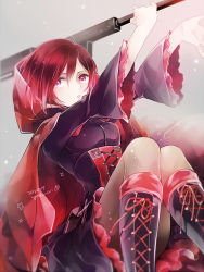 Rule 34 | 1girl, boots, cape, corset, cross-laced footwear, lace-up boots, pantyhose, red hair, ruby rose, rwby, scythe, short hair, solo, yoshinori (fmn)