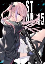 Rule 34 | 1girl, ar-15, black background, blue eyes, character name, fingerless gloves, from behind, girls&#039; frontline, gloves, gradient hair, gun, hair ornament, long hair, looking at viewer, multicolored hair, noy, one side up, parted lips, pink hair, purple hair, rifle, school uniform, side ponytail, sidelocks, single thighhigh, sitting, solo, st ar-15 (girls&#039; frontline), streaked hair, thigh strap, thighhighs, weapon