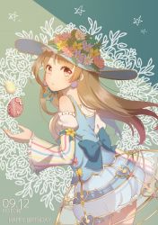 Rule 34 | 10s, 1girl, birthday, bow, brown eyes, brown hair, character name, dated, detached sleeves, earrings, easter, easter egg, egg, egg earrings, english text, flower, frills, happy birthday, hat, hat flower, hoop skirt, jewelry, light brown hair, lin (amateur lin), long hair, looking at viewer, looking to the side, love live!, love live! school idol festival, love live! school idol project, minami kotori, parted lips, solo, star (symbol), striped, striped sleeves, sun hat, vertical stripes