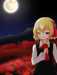 Rule 34 | 1girl, ;), blonde hair, fang, fang out, field, flower, flower field, full moon, hair ribbon, holding, holding flower, kameyan, long sleeves, moon, mountain, night, one eye closed, puffy long sleeves, puffy sleeves, red eyes, red flower, ribbon, rumia, shirt, short hair, skirt, smile, solo, spider lily, touhou, vest