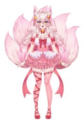 Rule 34 | 1girl, animal ears, blush, collar, dress, fox ears, fox girl, fox tail, hair ornament, highres, indie virtual youtuber, kitsu (vtuber), kudalive, long hair, looking at viewer, multiple tails, open mouth, orange eyes, pink dress, pink hair, pink ribbon, pink stockings, red ribbon, ribbon, simple background, smile, star (symbol), star hair ornament, tail, very long hair, white background