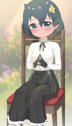 Rule 34 | 1girl, absurdres, black hair, blue eyes, blush, breasts, chis (js60216), dress, flower, frilled dress, frilled shirt, frilled shirt collar, frilled sleeves, frills, gloves, hair flower, hair ornament, highres, kaban (kemono friends), kemono friends, looking at viewer, outdoors, shirt, short hair, sitting, small breasts, smile, solo, white shirt