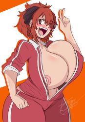 Rule 34 | absurdres, breasts, cleavage, crysnickel, covered erect nipples, gigantic breasts, highres, huge breasts, maken-ki!, maken-ki! two, open clothes, ponytail, red hair, rokujou minori, thick thighs, thighs, uniform, wide hips