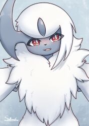 Rule 34 | absol, animal focus, blush, creatures (company), fang, game freak, gen 3 pokemon, highres, looking at viewer, nintendo, no humans, open mouth, pokemon, pokemon (creature), red eyes, signature, smile, solo, soruva 359, white hair