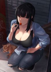Rule 34 | 1girl, absurdres, alley, black eyes, black hair, breasts, candy, cat, cleavage, denim, food, hand on own thigh, highres, hime cut, jeans, large breasts, licking paw, lollipop, long hair, lynus, naoko (lynus), original, pants, sidelocks, sleeves pushed up, solo, squatting, tank top, torn clothes, torn jeans, torn pants