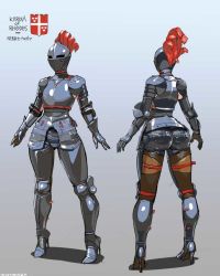 Rule 34 | 1girl, armor, armored boots, ass, bevor, boots, breastplate, chainmail, couter, covered face, cuirass, cuisses, faceless, faceless female, faulds, feathers, female knight, from behind, full armor, full body, gauntlets, greaves, helmet, high heels, jewelry, kardia, multiple views, necklace, nisetanaka, original, pauldrons, poleyn, rerebrace, shadow, shoulder armor, simple background, solo, standing, stiletto heels, vambraces, wide hips