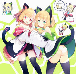 Rule 34 | 2girls, :d, :o, anger vein, animal ears, ass, black legwear, black skirt, blonde hair, blue archive, blue bow, blush, bow, breasts, butt crack, cat ears, collarbone, commentary request, fake animal ears, green eyes, hair bow, highres, holding hands, hood, hood down, hooded jacket, jacket, leilin, long sleeves, low twintails, midori (blue archive), momoi (blue archive), multiple girls, off shoulder, open clothes, open jacket, open mouth, panties, parted lips, pleated skirt, red bow, red eyes, siblings, sisters, skirt, sleeves past wrists, small breasts, smile, tail, thighhighs, twintails, underwear, white jacket, white panties, wide sleeves