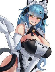Rule 34 | 1girl, animal ears, apron, arapanchi, black dress, blue hair, blush, breasts, cat ears, cat tail, clenched teeth, dress, drill hair, elbow gloves, fake animal ears, fake tail, gloves, goddess of victory: nikke, holding, huge breasts, light blue hair, long hair, maid, maid headdress, neck bell, official alternate costume, paw hair ornament, privaty (nikke), privaty (unkind maid) (nikke), simple background, solo, tail, teeth, twin drills, twintails, very long hair, white apron, white background, white gloves, yellow eyes