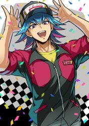Rule 34 | 1boy, absurdres, arms up, baseball cap, black hat, blue hair, bruno (yu-gi-oh!), celebration, checkered background, collared jacket, commentary request, confetti, grey eyes, grey pants, happy, hat, highres, jacket, male focus, official alternate costume, open mouth, pants, red jacket, shirt, short hair, sleeves rolled up, smile, solo, upper body, yellow shirt, youko-shima, yu-gi-oh!, yu-gi-oh! 5d&#039;s, zipper