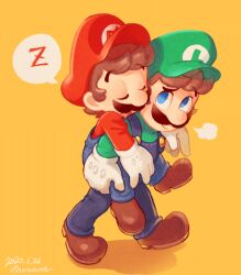 Rule 34 | 2boys, artist name, blue eyes, blue overalls, blue pants, brothers, brown footwear, brown hair, carrying, closed eyes, closed mouth, commentary request, dated, drooling, facial hair, gloves, green headwear, green shirt, hat, long sleeves, looking at another, luigi, male focus, mario, mario (series), mouth drool, multiple boys, mustache, nintendo, nonana (galaxycat89p13), open mouth, overalls, pants, piggyback, puff of air, red headwear, red shirt, shadow, shirt, shoes, short hair, siblings, signature, simple background, smile, smirk, speech bubble, spoken zzz, walking, white gloves, yellow background, zzz