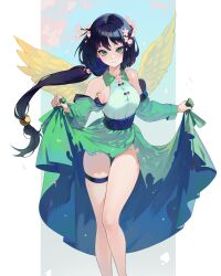 Rule 34 | 1girl, bare shoulders, black hair, border, clothes lift, commentary, detached sleeves, dress, dress flower, dress lift, feathered wings, flower, gemi ningen, green dress, green eyes, hair flower, hair ornament, highres, legband, long hair, looking at viewer, murimeseo jeolleumbariro saranamgi, novel illustration, official art, petals, ponytail, sleeveless, sleeveless dress, smile, solo, symbol-only commentary, torn clothes, torn dress, white border, wings, yellow wings