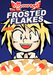 Rule 34 | 1girl, black hair, blonde hair, cereal, commission, english text, food, frosted flakes, fruit, highres, looking at viewer, milk, multicolored hair, open mouth, parody, setz, smile, solo, strawberry, toramaru shou, touhou, two-tone hair