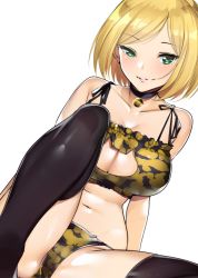 Rule 34 | 1girl, bell, neck bell, blonde hair, blush, breasts, cat lingerie, cleavage, cleavage cutout, clothing cutout, collar, commentary request, green eyes, large breasts, looking at viewer, meme attire, navel, panties, parted lips, short hair, solo, thighhighs, tomohiro kai, underwear, white background