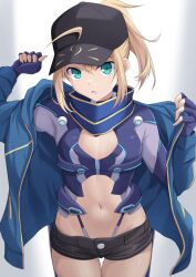 Rule 34 | 1girl, ahoge, artoria pendragon (fate), baseball cap, black hat, black shorts, blonde hair, blue gloves, blue jacket, blue scarf, clothing cutout, cross (crossryou), fate/grand order, fate (series), fingerless gloves, gloves, green eyes, hat, highleg, highleg panties, highres, jacket, looking at viewer, mysterious heroine x (fate), navel, navel cutout, open clothes, open jacket, open mouth, panties, ponytail, scarf, short shorts, shorts, simple background, solo, track jacket, underwear, white background