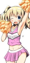 Rule 34 | 10s, 1girl, absurdres, alice cartelet, armpits, artist request, blonde hair, blue eyes, blush, cheerleader, highres, kin-iro mosaic, midriff, navel, one eye closed, open mouth, pom pom (cheerleading), skirt, solo, twintails