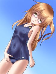 Rule 34 | 1girl, ankake hitokaji, bad id, bad pixiv id, blue background, blue one-piece swimsuit, brown eyes, brown hair, covered navel, cowboy shot, crescent, crescent pin, dutch angle, female masturbation, fingering, flat chest, gradient background, highres, kantai collection, long hair, masturbation, mochizuki (kancolle), one-piece swimsuit, red-framed eyewear, school swimsuit, solo, standing, swimsuit