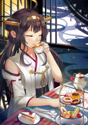 Rule 34 | 10s, ahoge, brown hair, cake, cherry, cup, doughnut, drinking, closed eyes, food, fork, fruit, hairband, headgear, highres, japanese clothes, kantai collection, kongou (kancolle), long hair, macaron, nontraditional miko, pastry, plate, pudding, solo, spoon, strawberry, tea, teacup, teapot, tiered serving stand, tsubasa19900920