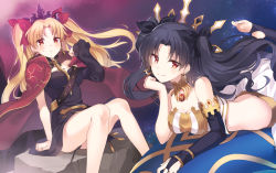 Rule 34 | 2girls, arm at side, bare shoulders, belt, black dress, black hair, black panties, black ribbon, black thighhighs, blonde hair, blush, breasts, bridal gauntlets, butt crack, cape, cleavage, closed mouth, collar, detached sleeves, dress, earrings, ereshkigal (fate), fate/grand order, fate (series), hair ribbon, hand on own chin, ishtar (fate), jewelry, juugonichi (wheeliex2), long hair, long sleeves, looking at viewer, lying, medium breasts, multiple girls, on stomach, panties, pantyshot, parted bangs, red cape, red eyes, red ribbon, ribbon, rock, short dress, single detached sleeve, sitting, skirt, sky, smile, star (sky), starry sky, stirrup legwear, sweat, thighhighs, tiara, toeless legwear, tohsaka rin, tsurime, two side up, underwear, v-shaped eyebrows, white skirt