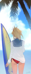 Rule 34 | 1girl, ass, bikini, bikini under clothes, blonde hair, blue sailor collar, blue sky, blurry, blurry background, cloud, cloudy sky, commentary, darahan, day, english commentary, fate/apocrypha, fate (series), from behind, holding, holding surfboard, horizon, long sleeves, mordred (fate), mordred (fate) (all), mordred (fate/apocrypha), mordred (swimsuit rider) (fate), ocean, outdoors, palm tree, ponytail, red bikini, sailor collar, shirt, signature, sky, solo, standing, string bikini, surfboard, swimsuit, thighs, tree, water, white shirt