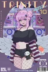Rule 34 | 1girl, absurdres, angel wings, barcode, blue archive, cover, crop top, double bun, feathered wings, fishnet thighhighs, fishnets, goth fashion, hair bun, hair ornament, highres, hrna, long sleeves, magazine cover, mika (blue archive), navel, off shoulder, pink hair, short shorts, shorts, solo, thighhighs, wings, yellow eyes