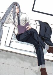 Rule 34 | 1boy, alternate costume, black jacket, black necktie, black pants, black suit, book, breast pocket, brown footwear, business casual, closed eyes, collared shirt, commentary request, couch, crossed legs, day, elbow rest, final fantasy, final fantasy vii, formal, full body, grey hair, grey socks, head on hand, head rest, highres, holding, holding book, indoors, jacket, leaning to the side, light smile, long bangs, long hair, long sleeves, male focus, necktie, on couch, open book, pants, parted bangs, pocket, sephiroth, shinogu r, shirt, sitting, socks, solo, suit, tile floor, tiles, unworn jacket, very long hair, white shirt