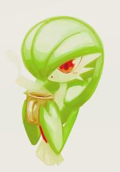 Rule 34 | 1girl, ame (metorui), blush, blush stickers, bob cut, coffee, colored skin, creatures (company), cropped torso, cup, drink, female focus, flat chest, game freak, gardevoir, gen 3 pokemon, green hair, green skin, grey background, hair over one eye, hands up, holding, holding cup, looking down, mug, multicolored skin, nintendo, open mouth, pokemon, pokemon (creature), red eyes, short hair, simple background, solo, standing, steam, two-tone skin, upper body, white skin