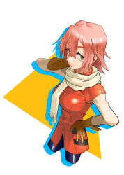 Rule 34 | 1girl, absurdres, breasts, flcl, gloves, hair between eyes, haruhara haruko, highres, lips, medium breasts, pink hair, scarf, short hair, solo, standing, takeit0, triangle, white scarf, yellow gloves