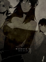 1girl 2boys alex_benedetto bare_shoulders black_dress black_hair blazer dog_tags dress dress_shirt english_text eyepatch facing_viewer gangsta grey_shirt jacket kohske long_hair looking_at_viewer looking_to_the_side monochrome multiple_boys nicolas_brown open_clothes open_jacket own_hands_together partially_colored partially_unbuttoned shirt short_hair white_eyes worick_arcangelo