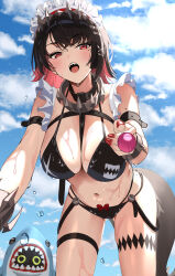 1girl alternate_costume bikini black_bikini black_hair blue_sky breasts candy cleavage cloud colored_inner_hair cowboy_shot ellen_joe fingernails fins fish_tail food hair_between_eyes highres holding holding_candy holding_food holding_lollipop large_breasts lollipop looking_at_viewer maid_headdress mole mole_under_eye multicolored_hair nail_polish navel open_mouth outdoors red_eyes red_hair red_nails shark_girl shark_tail sharkboo_(zenless_zone_zero) sharp_teeth short_hair sidelocks sky solo swimsuit tail teeth thighs two-tone_hair uuroncha wet zenless_zone_zero