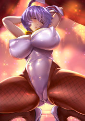 Rule 34 | 1girl, alternate breast size, alternate costume, animal ears, arm behind head, ass, ayanami rei, blue hair, bow, bowtie, breasts, cameltoe, cleavage, cleft of venus, curvy, detached collar, fake animal ears, fishnet pantyhose, fishnets, high heels, highleg, highleg leotard, highres, kawaraya a-ta, large breasts, legs, leotard, looking at viewer, neon genesis evangelion, orange bow, orange bowtie, pantyhose, playboy bunny, rabbit ears, red eyes, shiny clothes, short hair, solo, squatting, strapless, strapless leotard, thighs, thong leotard, white footwear, white leotard, wide hips