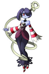 Rule 34 | 1girl, absurdres, bare shoulders, blue hair, blue skin, colored skin, detached collar, detached sleeves, hair over one eye, highres, leviathan (skullgirls), long skirt, lucyfer, purple hair, red eyes, side ponytail, skirt, skull, skullgirls, squigly (skullgirls), stitched mouth, stitches, striped legwear, striped sleeves, zombie