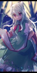 Rule 34 | 1girl, absurdres, closed mouth, commentary request, dress, ex-keine, eyelashes, green dress, hair between eyes, haruwaka 064, highres, holding, holding scroll, horns, kamishirasawa keine, letterboxed, long hair, looking at viewer, moon, outdoors, puffy short sleeves, puffy sleeves, red eyes, scroll, short sleeves, sidelocks, smile, solo, touhou