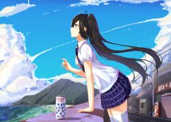 Rule 34 | 1girl, absurdres, ahoge, black hair, blue sky, building, candy, cloud, collared shirt, commentary request, day, ekusera, food, from side, hair between eyes, highres, leaning forward, long hair, mountain, necktie, original, outdoors, plaid, plaid skirt, pleated skirt, power lines, profile, purple eyes, purple necktie, purple skirt, road, shirt, short sleeves, skirt, sky, solo, thighhighs, twintails, utility pole, vending machine, very long hair, water, white shirt, white thighhighs, window