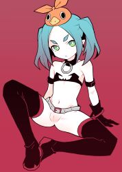 Rule 34 | 1girl, akableak, aqua hair, armband, bare shoulders, belt, black footwear, black gloves, boots, cleft of venus, closed mouth, collarbone, commentary, cosplay, english commentary, etna (disgaea), etna (disgaea) (cosplay), expressionless, flat chest, gloves, gradient hair, green eyes, highres, jewelry, monogatari (series), multicolored hair, navel, ononoki yotsugi, prinny, prinny (cosplay), pussy, red background, simple background, sitting, skull, solo, thick eyebrows, thigh boots, thighhighs, twintails, uncensored