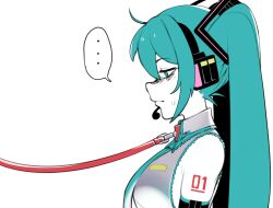 Rule 34 | ..., 1girl, aqua eyes, aqua hair, aqua necktie, breasts, closed mouth, collared shirt, colored skin, commentary, dizzyspells, english commentary, from side, grey shirt, hair ornament, hatsune miku, headset, leash, long hair, necktie, number tattoo, profile, shirt, shoulder tattoo, sidelocks, simple background, sleeveless, sleeveless shirt, small breasts, small sweatdrop, solo, speech bubble, spoken ellipsis, tattoo, twintails, upper body, vocaloid, white background, white skin