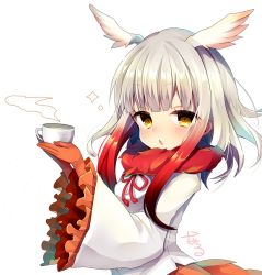 Rule 34 | 10s, 1girl, blunt bangs, commentary request, cup, gloves, head wings, holding, holding cup, japanese crested ibis (kemono friends), kemono friends, long hair, long sleeves, looking at viewer, multicolored hair, nachiru, open mouth, red legwear, shirt, simple background, solo, steam, tail, teacup, upper body, white background, white hair, white shirt, wings, yellow eyes