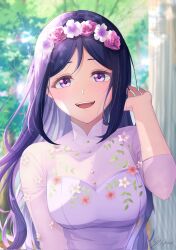 1girl blue_eyes blue_hair breasts commentary_request dress floral_print flower hair_flower hair_ornament highres long_sleeves looking_at_viewer love_live! love_live!_sunshine!! matsuura_kanan medium_breasts mikami_sy open_clothes outdoors smile tree watermark white_dress