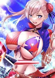Rule 34 | 1girl, absurdres, american flag bikini, bikini, blue eyes, blue sky, breasts, cloud, cloudy sky, fate/grand order, fate (series), flag print, highres, large breasts, lee-taro, light rays, long hair, looking at viewer, miyamoto musashi (fate), miyamoto musashi (swimsuit berserker) (fate), miyamoto musashi (swimsuit berserker) (second ascension) (fate), open mouth, sky, solo, sunlight, swimsuit, water drop, white hair