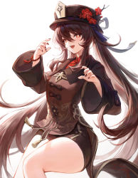 Rule 34 | 1girl, absurdres, bad id, bad twitter id, bead bracelet, beads, black shorts, blush, bracelet, brown hair, flower, flower-shaped pupils, genshin impact, hair between eyes, hat, hat flower, highres, hrrry, hu tao (genshin impact), jewelry, long hair, long sleeves, looking at viewer, nail polish, open mouth, plum blossoms, red eyes, red nails, ring, shorts, simple background, solo, symbol-shaped pupils, tassel, thighs, twintails, very long hair, white background, wide sleeves