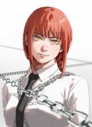 Rule 34 | 1girl, absurdres, black necktie, braid, braided ponytail, breasts, business suit, chain, chainsaw man, collared shirt, ctstudio (executional), formal, highres, light smile, long hair, looking at viewer, makima (chainsaw man), medium breasts, necktie, office lady, ringed eyes, shirt, smile, solo, suit, white shirt, yellow eyes