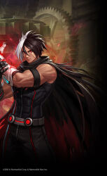 Rule 34 | 1boy, bare shoulders, black hair, cape, closed mouth, dark skin, facial scar, fire, fire, gloves, highres, looking at viewer, male focus, metal gloves, multicolored hair, muscular, muscular male, nameless (kof), official art, pyrokinesis, red eyes, red fire, scar, scar across eye, scar on cheek, scar on face, snk, solo, split-color hair, the king of fighters, the king of fighters 2002, the king of fighters all-stars, torn cape, torn clothes, two-tone hair, white hair