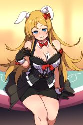 1girl, ace of spades, ahoge, animal ear fluff, animal ears, arm support, bare legs, bare shoulders, between breasts, black dress, black gloves, blackjack table, blonde hair, blue eyes, blush, bow, bowtie, breasts, bunny ears, card, cleavage, closed mouth, commentary request, detached collar, dress, eyebrows visible through hair, frilled dress, frills, gloves, hair ribbon, halter dress, halterneck, hand up, highres, idolmaster, idolmaster million live!, idolmaster million live! theater days, korean commentary, kwaejina, lace, lace-trimmed dress, lace-trimmed gloves, lace trim, large breasts, legs together, long hair, mixed-language commentary, on table, playing card, red bow, red neckwear, red ribbon, ribbon, see-through, shinomiya karen, sitting, smile, table, very long hair, wrist cuffs