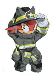 1boy alternate_costume animal_nose avatar_(sonic_forces) commentary_request fang firefighter firefighter_jacket furry furry_male gloves hat high-visibility_clothing high-visibility_pants highres jacket male_focus open_mouth red_fur simple_background smile solo sonic_(series) sonic_forces standing tokiwa757 white_background white_gloves yellow_eyes