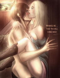 Rule 34 | 1boy, 1girl, absurdres, against wall, barn, black hair, blonde hair, blue eyes, blush, boots, clothed female nude male, clothed sex, english text, eren and historia (attack on titan), eren yeager, evening, haystack, highres, hug, indoors, krista lenz, muscular, muscular male, nude, open mouth, sex, shingeki no kyojin, sucubuss art, sweat, unworn boots