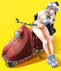 Rule 34 | 1girl, absurdres, bikini, blue hair, breasts, girls&#039; frontline, green eyes, hat, highres, hk416 (girls&#039; frontline), hk416 (mod3) (girls&#039; frontline), jacket, jacket on shoulders, kyoyakyo, long hair, looking at viewer, mod3 (girls&#039; frontline), motor vehicle, open clothes, scooter, simple background, solo, swimsuit
