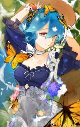 Rule 34 | 1girl, absurdres, bag, bao (vtuber), bao (vtuber) (6th costume), blue shirt, braid, breasts, brown eyes, brown hat, bug, butterfly, butterfly on head, choker, collarbone, commentary, crown braid, english commentary, flower, grey skirt, hat, highres, indie virtual youtuber, insect, looking at viewer, medium breasts, monarch butterfly, purple flower, shirt, shirt tucked in, short hair, skirt, smile, solo, sun hat, twitter username, virtual youtuber, white choker, wrist cuffs, yolu4138yolu