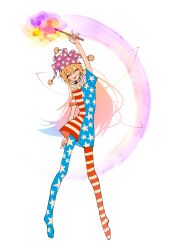 1girl :p ^_^ absurdres american_flag american_flag_print arm_up asymmetrical_legwear bare_arms blonde_hair blue_dress blue_pantyhose closed_eyes closed_mouth clownpiece commentary_request dress eyelashes fairy fairy_wings fire flag_print floating full_body hair_between_eyes hat highres holding holding_torch jester_cap long_hair mismatched_legwear motion_blur multicolored_clothes multicolored_dress neck_ruff one-hour_drawing_challenge pantyhose polka_dot_headwear pom_pom_(clothes) purple_fire purple_hat red_dress red_pantyhose section_(prrx8584) short_dress short_sleeves simple_background smile solo standing star_(symbol) star_print striped_clothes striped_dress striped_pantyhose tongue tongue_out torch touhou transparent_wings two-tone_pantyhose very_long_hair white_background white_dress white_pantyhose wings